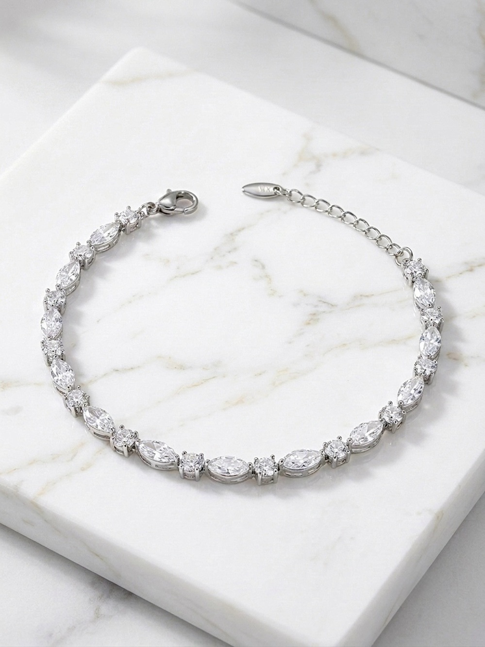 Platinum Plated Marquise & Round CZ Tennis Bracelet | Silver Elegant Jewelry
